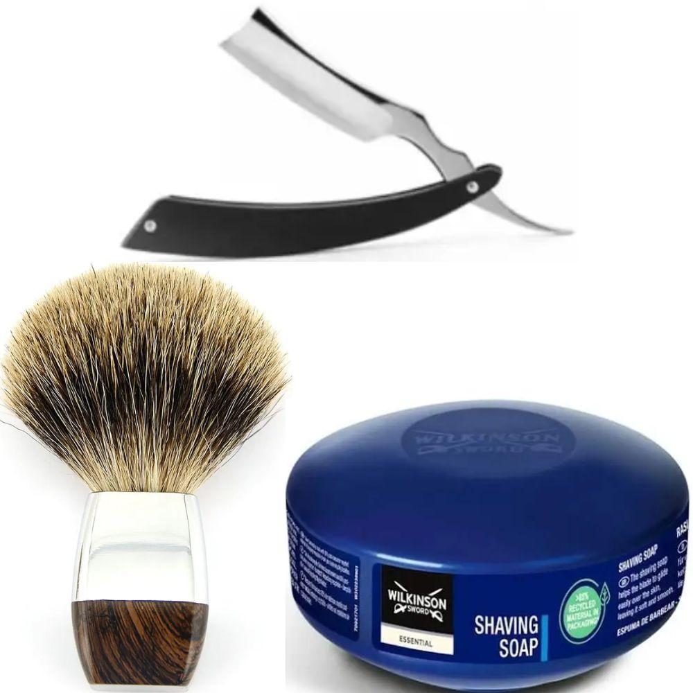 Небезпечна бритва/шавета розкладна Straight Razor + помазок з борсучим ворсом + мило для гоління Wilkinson Essential 125 г, фото 1