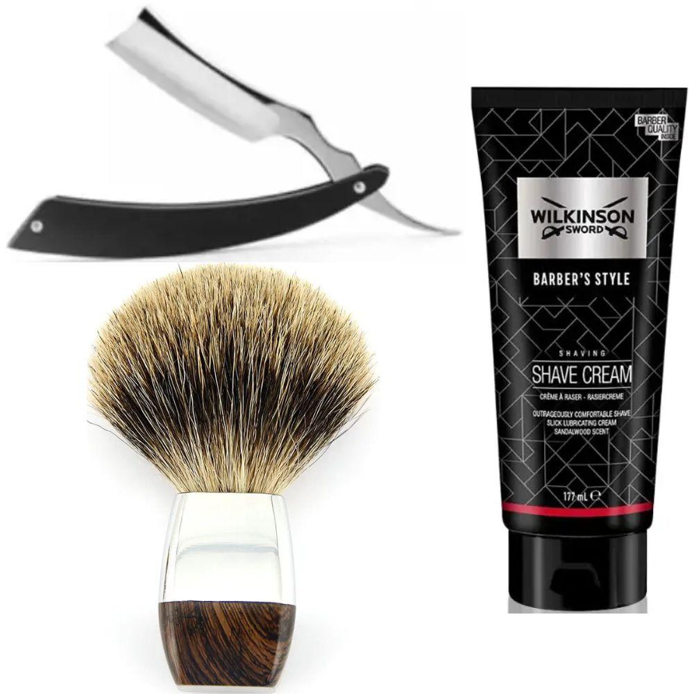 Небезпечна бритва/шавета розкладна Straight Razor + помазок борсук + крем для гоління Wilkinson Sword Barber's Style Shave Cream, фото 1