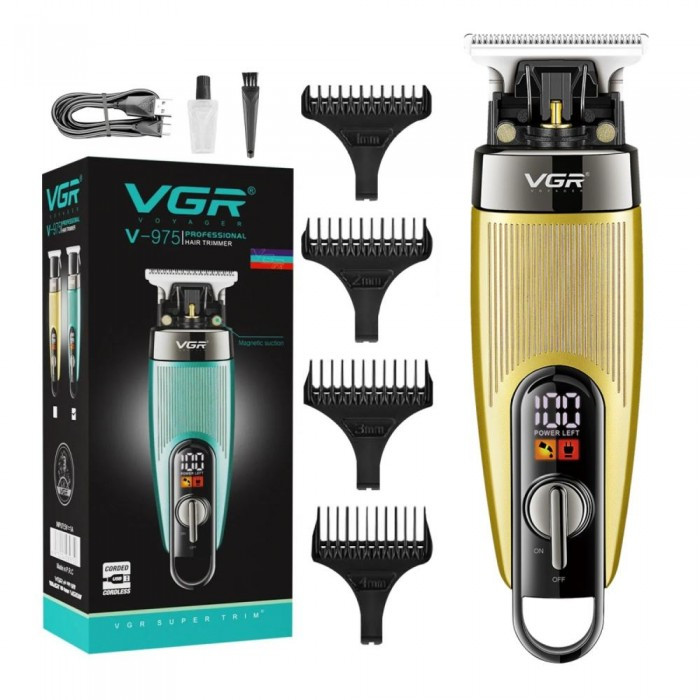 Акумуляторна машинка тример для стриження волосся й бороди з USB і LED-дисплеєм VGR V-975 Золотий