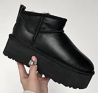 Жіночі черевики UGG Ultra Mini Black Platform Leather Premiun женские ботинки UGG на зиму
