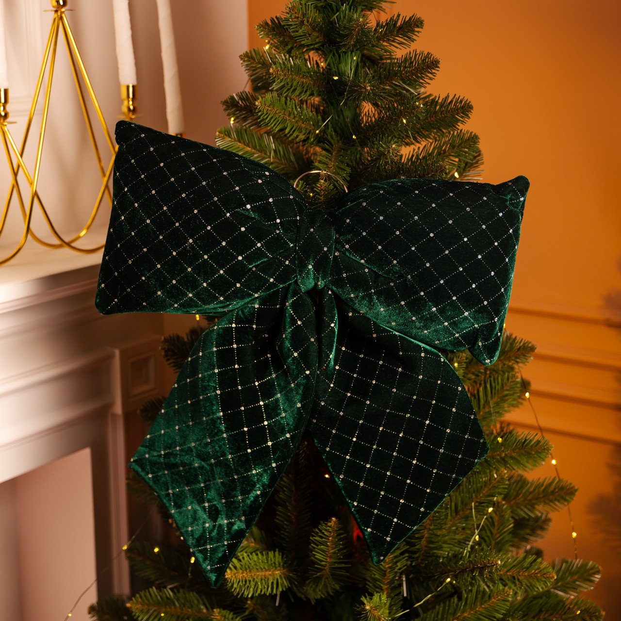 Оксамитовий бант зелений зі стразами візерунком 45×50см декоративний, новорічна прикраса на маківку ялинки двері святкова, фото 1