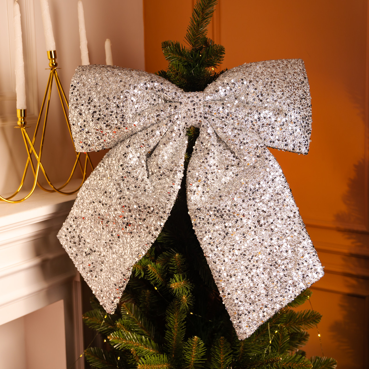 Бант сріблястий з паєтками 55×70см великий новорічний декоративний, святкова прикраса на маківку ялинки блискуча оздоблення, фото 1