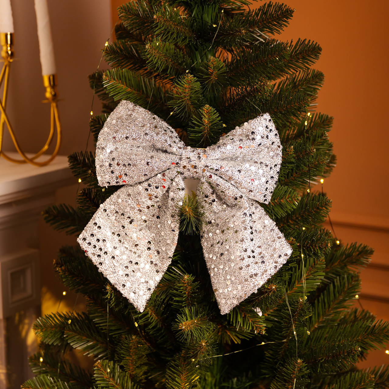 Бант сріблястий з паєтками 25×35см великий новорічний декоративний, святкова прикраса на маківку ялинки блискуча оздоблення, фото 1