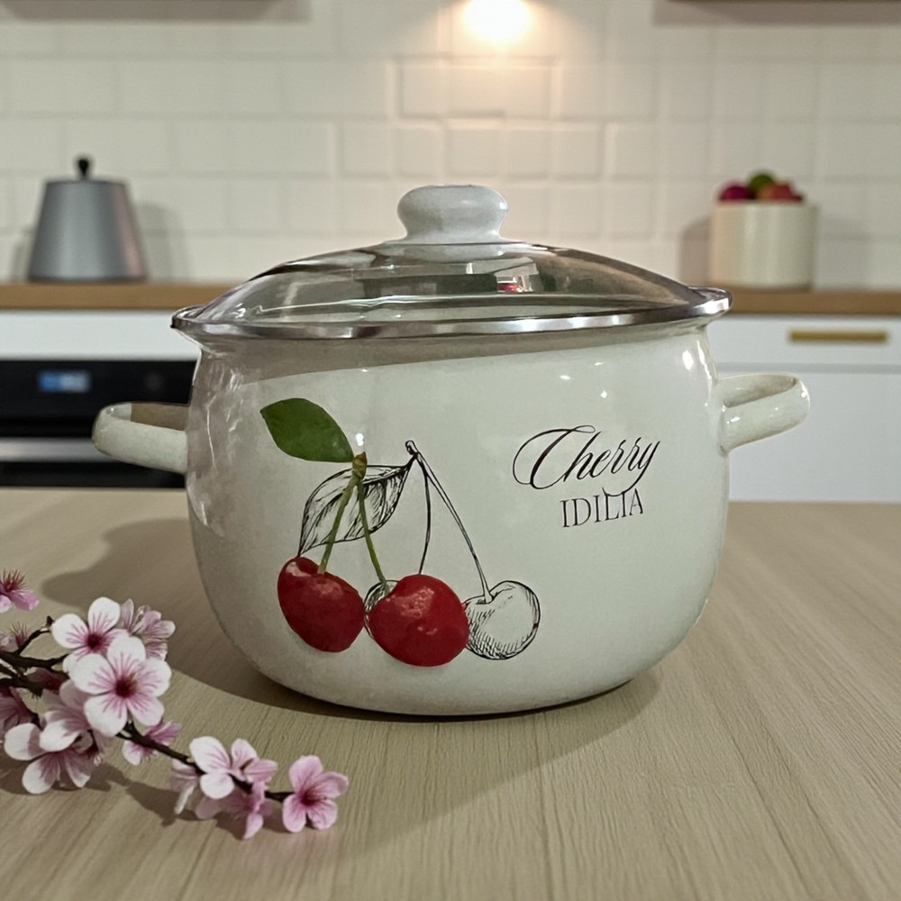 Емальована сферична каструля 5л Вишня молочна 61916/2 Idilia