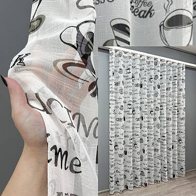 Тюль льон з принтом. Колір білий з чорним. Код 1791т