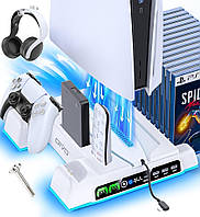 Док-станція для PS5 / PS5 Slim з зарядкою на 2 контролери, RGB підсвіткою та гачком для навушників