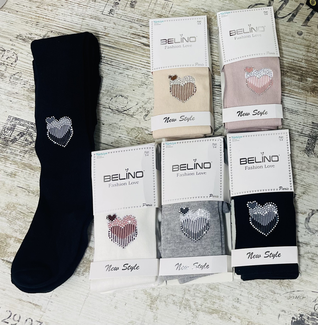 Однотонні колготки для дівчаток із серцем зі стразиками, фото 1