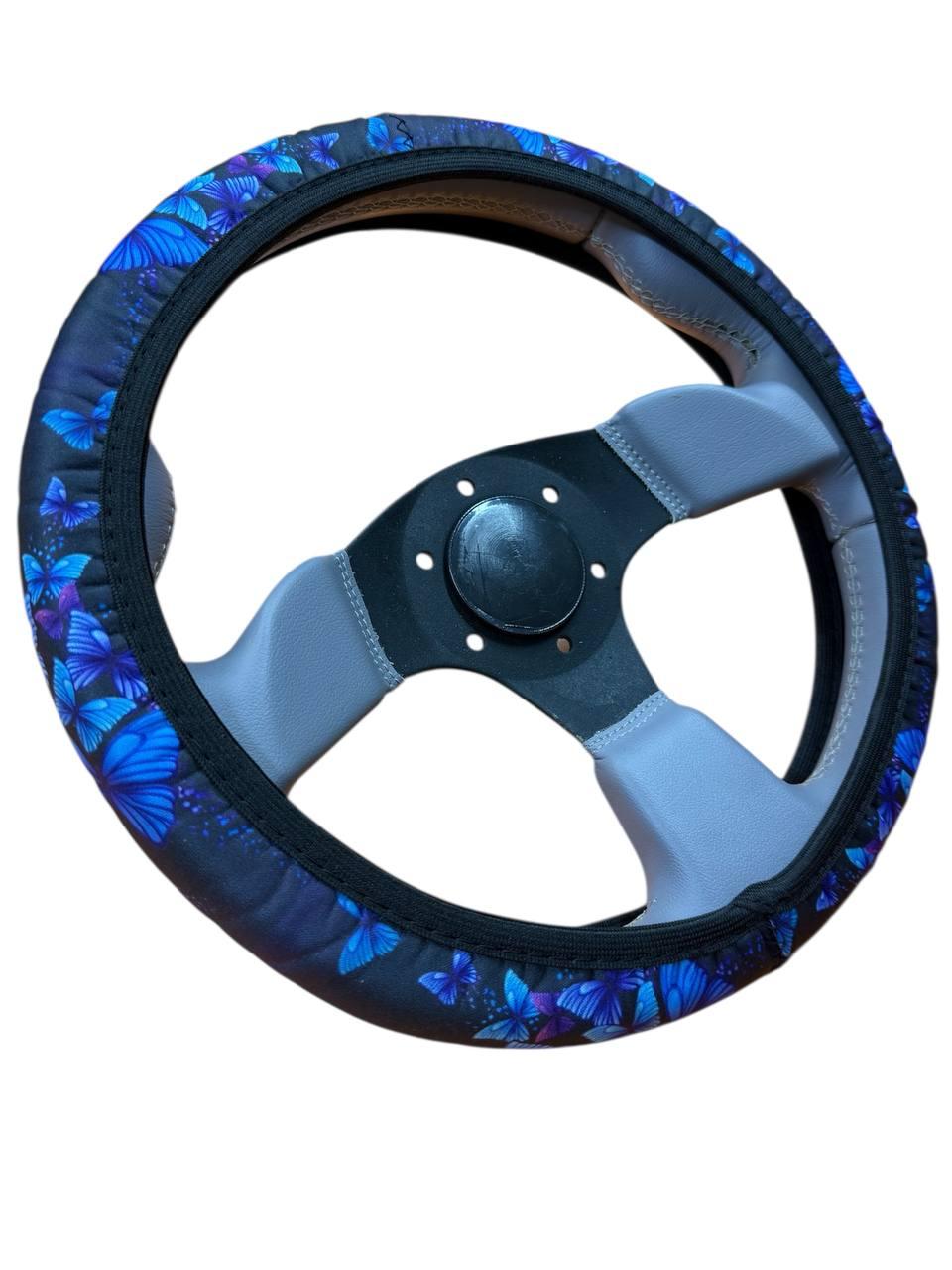 Чохол на кермо. Обплетення на кермо. Жіноча з блакитними метеликами М 37-39 см