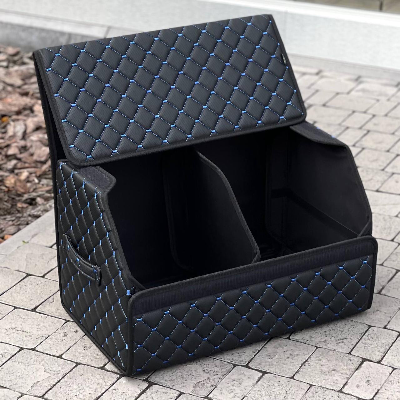 Органайзер у багажник з екошкіри, чорний з синьою ниткою, 50 см, складаний органайзер у багажник, фото 1