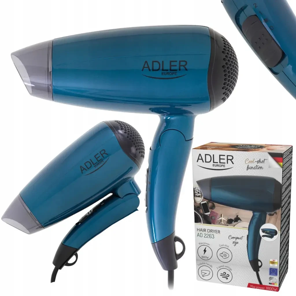 Фен для волосся Adler AD 2263, 1800 Вт, складана ручка, холодне обдування, концентратор, прогумований корпус, темно-синій, фото 1