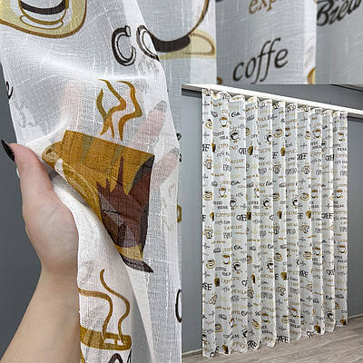 Тюль льон з принтом. Колір молочний з коричневим. Код 1792т