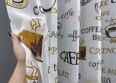 Залишок (1,8х2,8м.) тканини з рулону, тюль льон з принтом. Колір молочний з коричневим. Код 1792ту 00-777