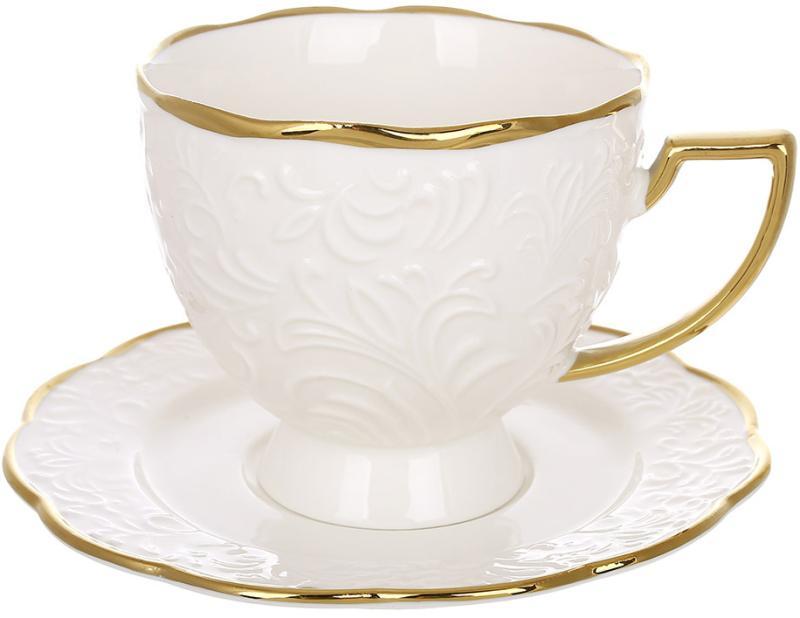 Чашка чайна порцелянова "White City Lily" 250мл mebelime mebelime із блюдцем та золотим декором, фото 1