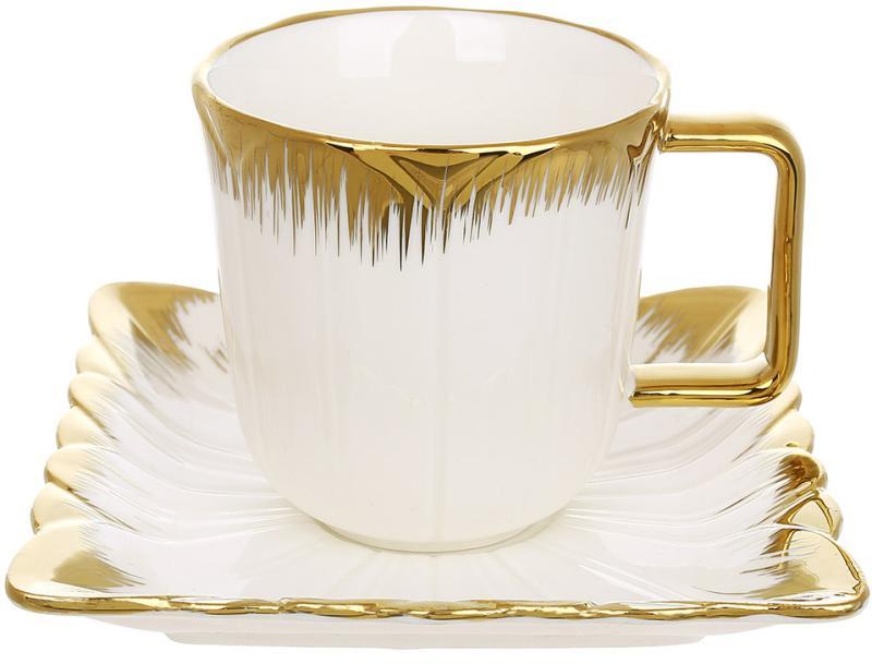 Чашка чайно-кавова порцелянова "White City Tulipe" 220мл mebelime mebelime із блюдцем та золотим декором, фото 1