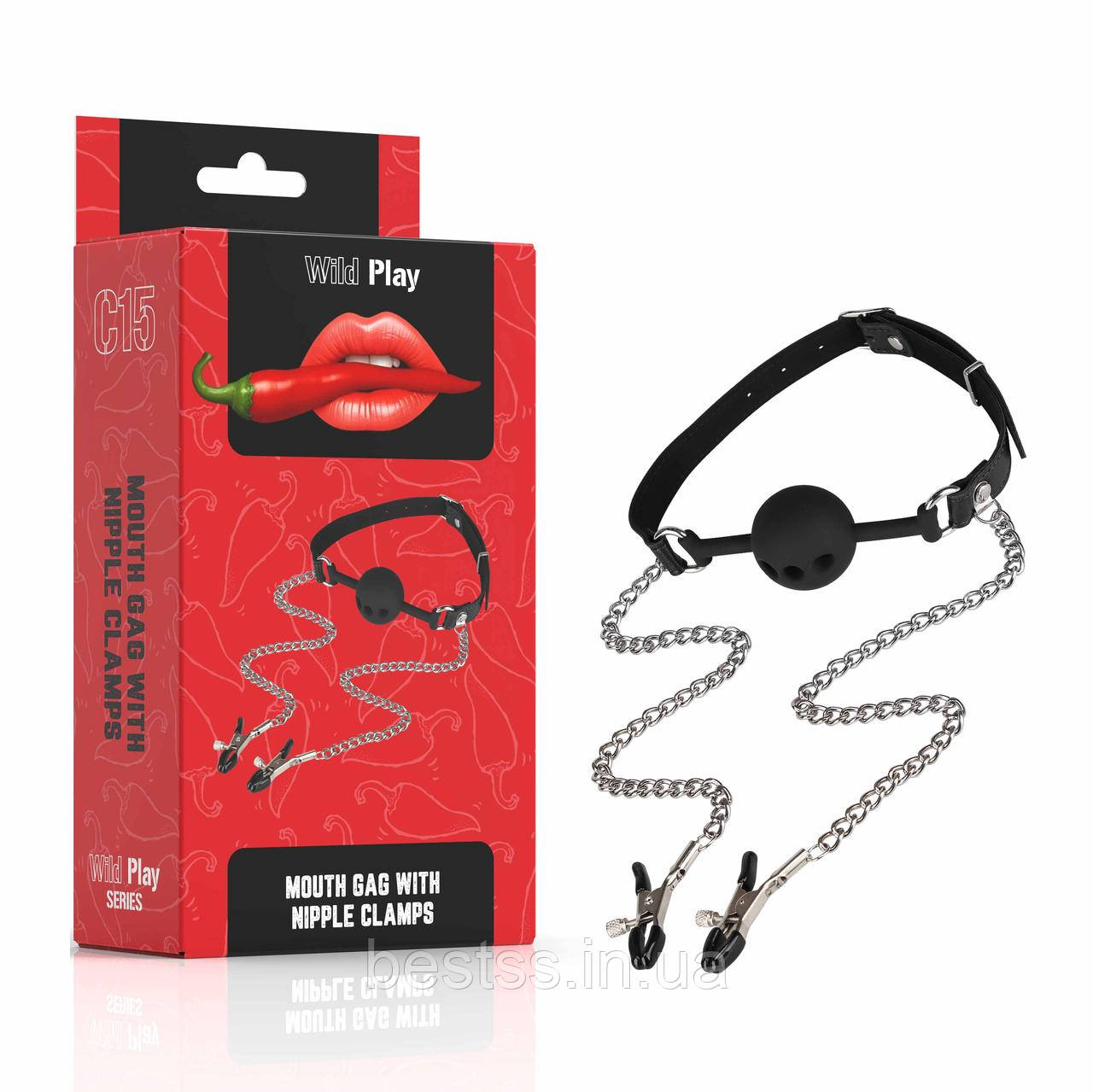 Кляп із затискачами на соски Erospace Wild Play Mouth Gag With Nipple Clamps C15
