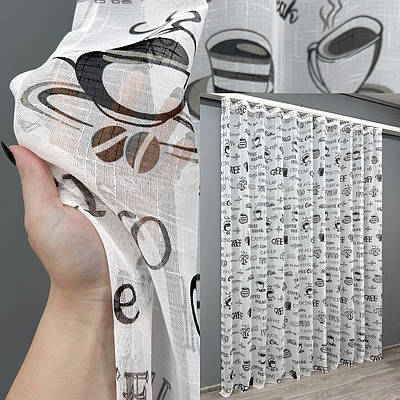 Тюль льон з принтом. Колір молочний з чорним. Код 1793т