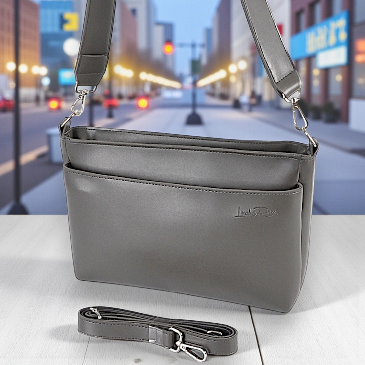 Жіноча сумка через плече з екошкіри графіт маленька сумочка з двома ремінцями, фото 1