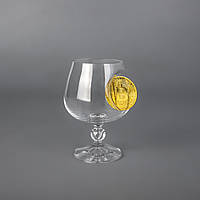 Бокал для коньяка и бренди стеклянный на ножке со вставкой биткоин / Бокалы для крепких алкогольных напитков