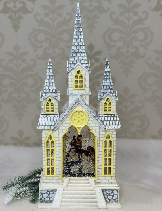 🧡Різдвяний музичний декор у формі будиночка "Церква" Немовля Ісус, Йосип та Марія, з автопіддувом глітера 41,5х17х9,5см, фото 1