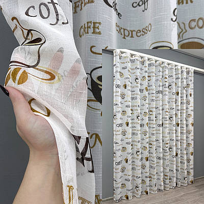 Тюль льон з принтом. Колір білий з коричневим. Код 1858т