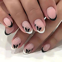 Короткі накладні нігті френч Метелики, овальна форма з клейовими пластинами 24 шт. Білий із чорним