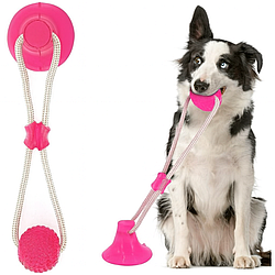 Іграшка для собак EL-1126 Рожева 38 см / М'яч на мотузці з присоскою для собак / М'яч для дресирування собак