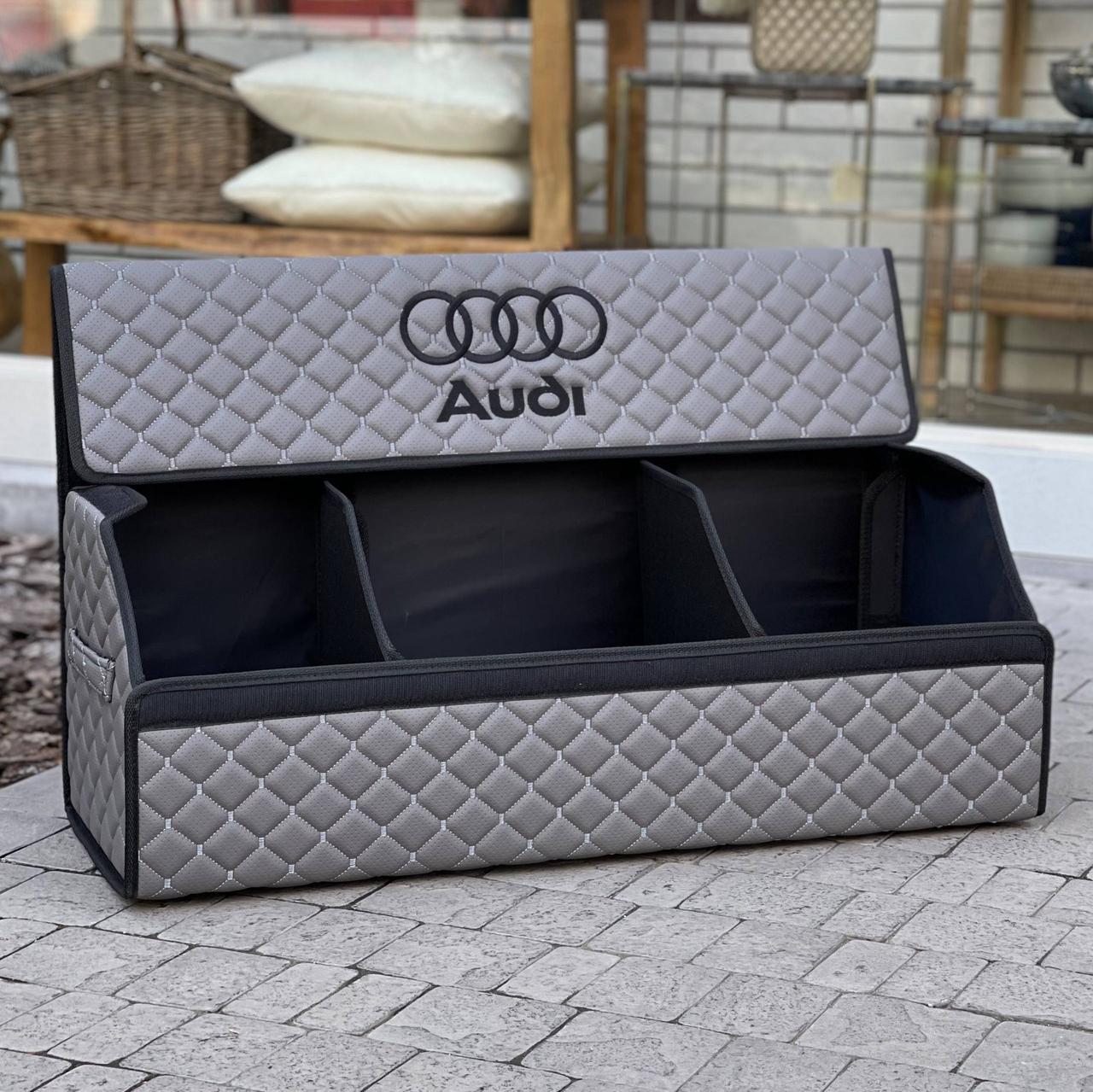 Органайзер у багажник з логотипом Audi з екошкіри, сірий, 80 см, складаний органайзер у багажник, фото 1