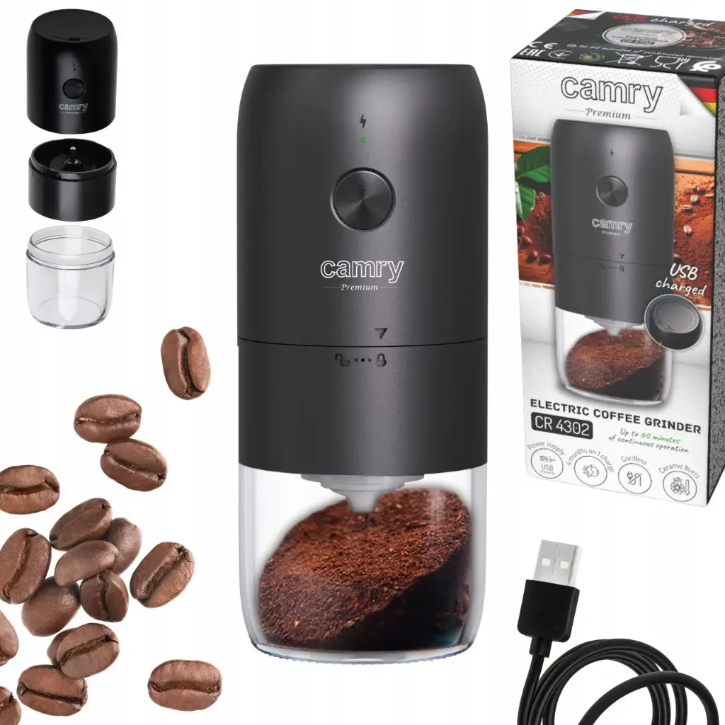 Бездротова USB-кофемолка Camry CR 4302 — 25 Вт, 1800 мА·год, регулювання помолу, керамічні жорна, фото 1