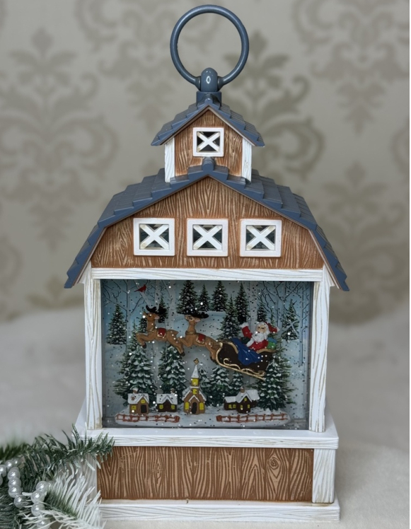 ❤️Новорічний музичний декор Будинок "Санта на санях" з автопіддувом глітера 28х17х8см Коричневий з сірим дахом, фото 1