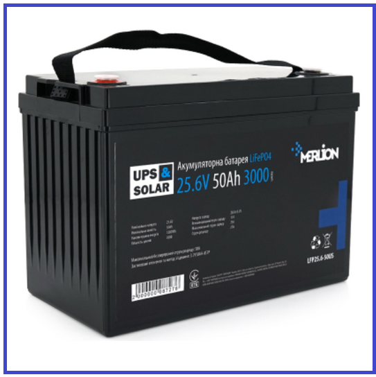 Літій-залізо-фосфатний акумулятор Merlion LiFePO4 25.6V 50Ah BMS (330х173х216) до 5000 циклів, фото 1