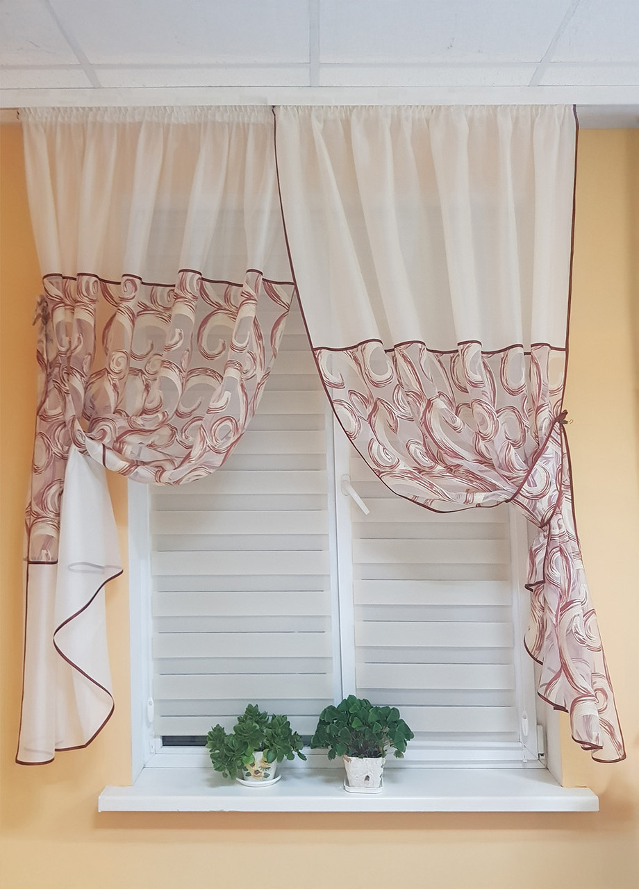 Комплект гардин до підвіконня Firanka Завитки 200см молочний з теракотовим (73_2к), фото 1