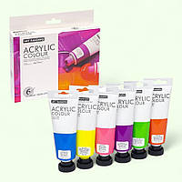 Акрилові фарби художні, набір 6 неонових кольорів по 75 мл, тюбики в коробці