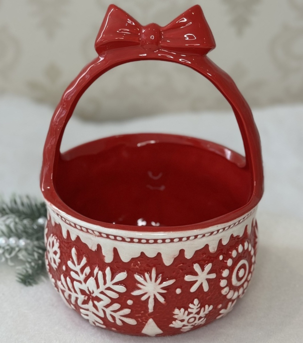 ❤️Новорічний керамічний кошик для солодощів з візерунком "Сніжинки" 22х16х12,5 см Червоний, фото 1