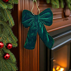Бантік на ялинку новорічний оксамитовий зелений 13*18 см