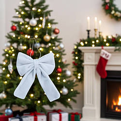 Бантік на ялинку новорічний оксамитовий білий 13*18 см