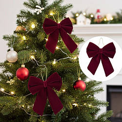 Бантик на ялинку новорічний оксамитовий бордовий 13*18 см