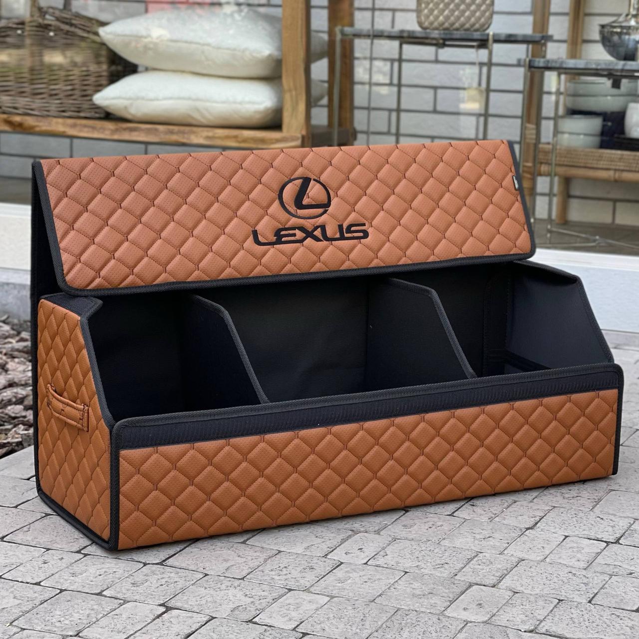Органайзер у багажник з логотипом Lexus з екошкіри, коньячний, 80 см, автоорганайзер, фото 1
