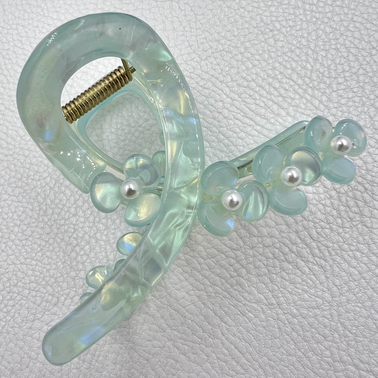 Краб для волос прочный французский пластик мраморный переливающийся мятного цвета с цветочками размер 80х50 см