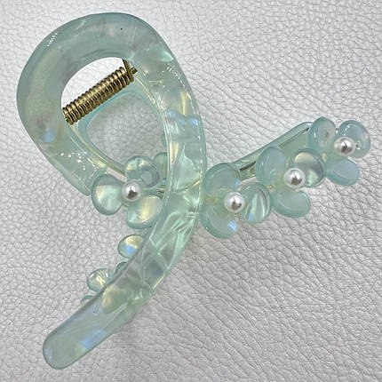 Краб для волос прочный французский пластик мраморный переливающийся мятного цвета с цветочками размер 80х50 см, фото 1