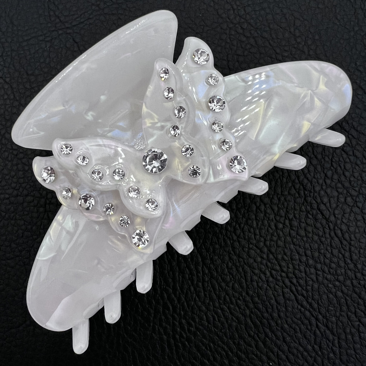 Краб для волос французский пластик мраморный белого цвета с белыми кристаллами размер 90х50 см