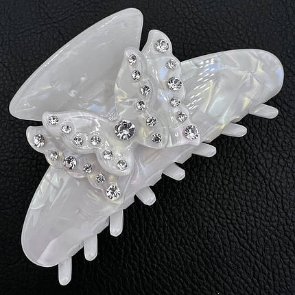 Краб для волос французский пластик мраморный белого цвета с белыми кристаллами размер 90х50 см, фото 1