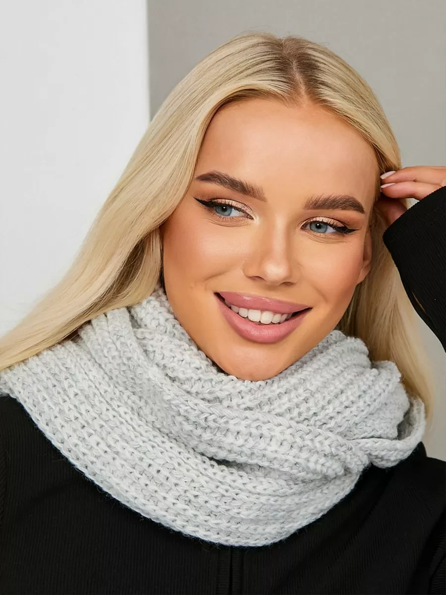 Стильний зручний теплий в'язаний зимовий хомут, світло-сірий, фото 1