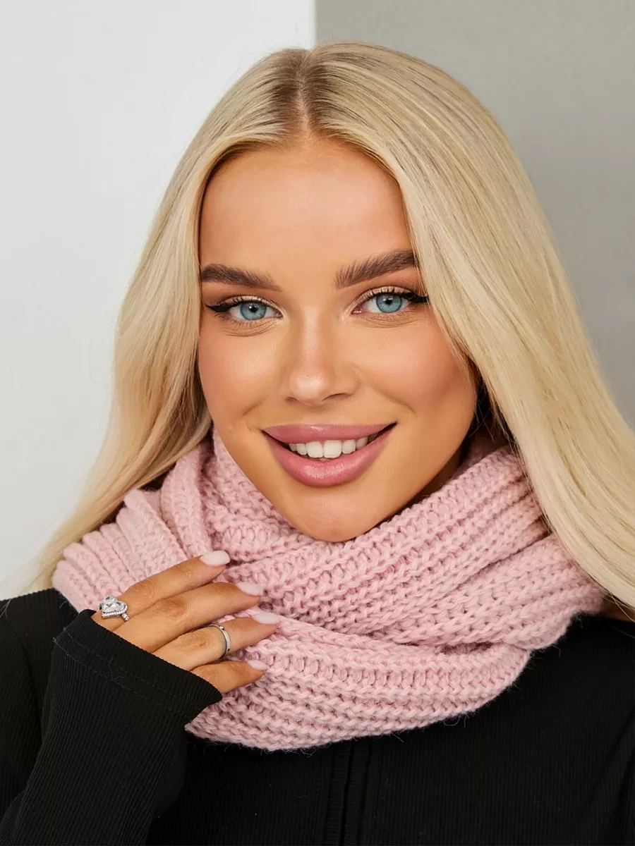 Стильний зручний теплий в'язаний зимовий хомут, пудра, фото 1