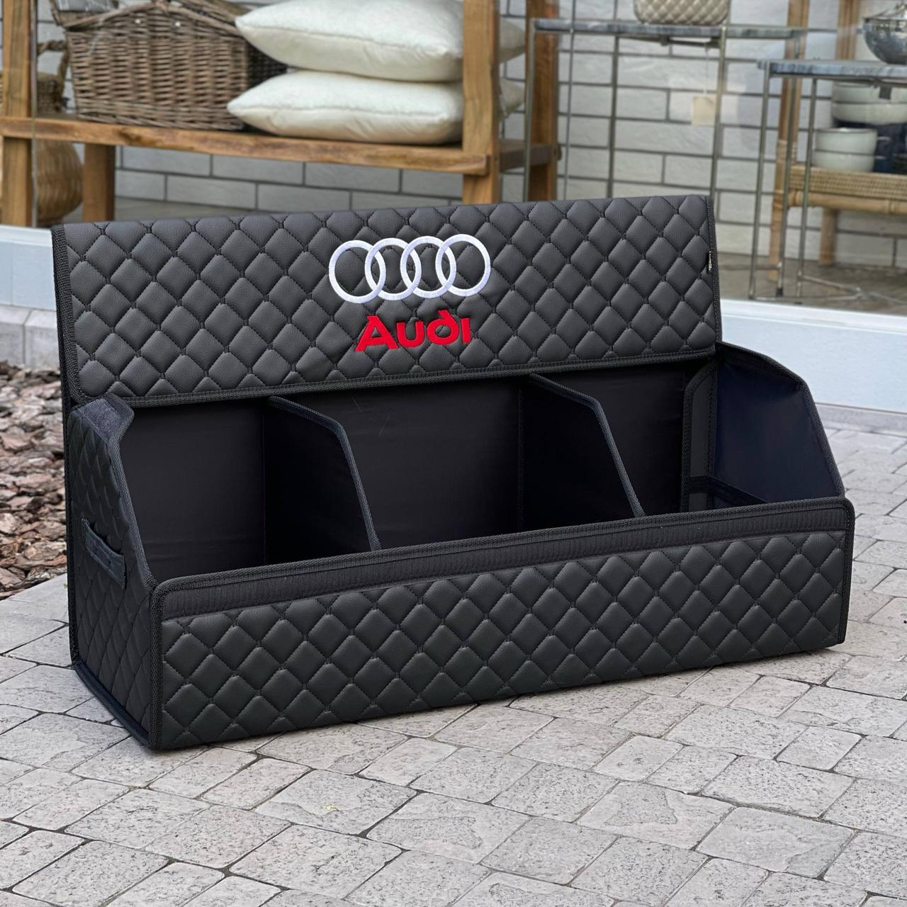 Органайзер у багажник з логотипом Audi з екошкіри, чорний, 80 см, складаний органайзер у багажник, фото 1