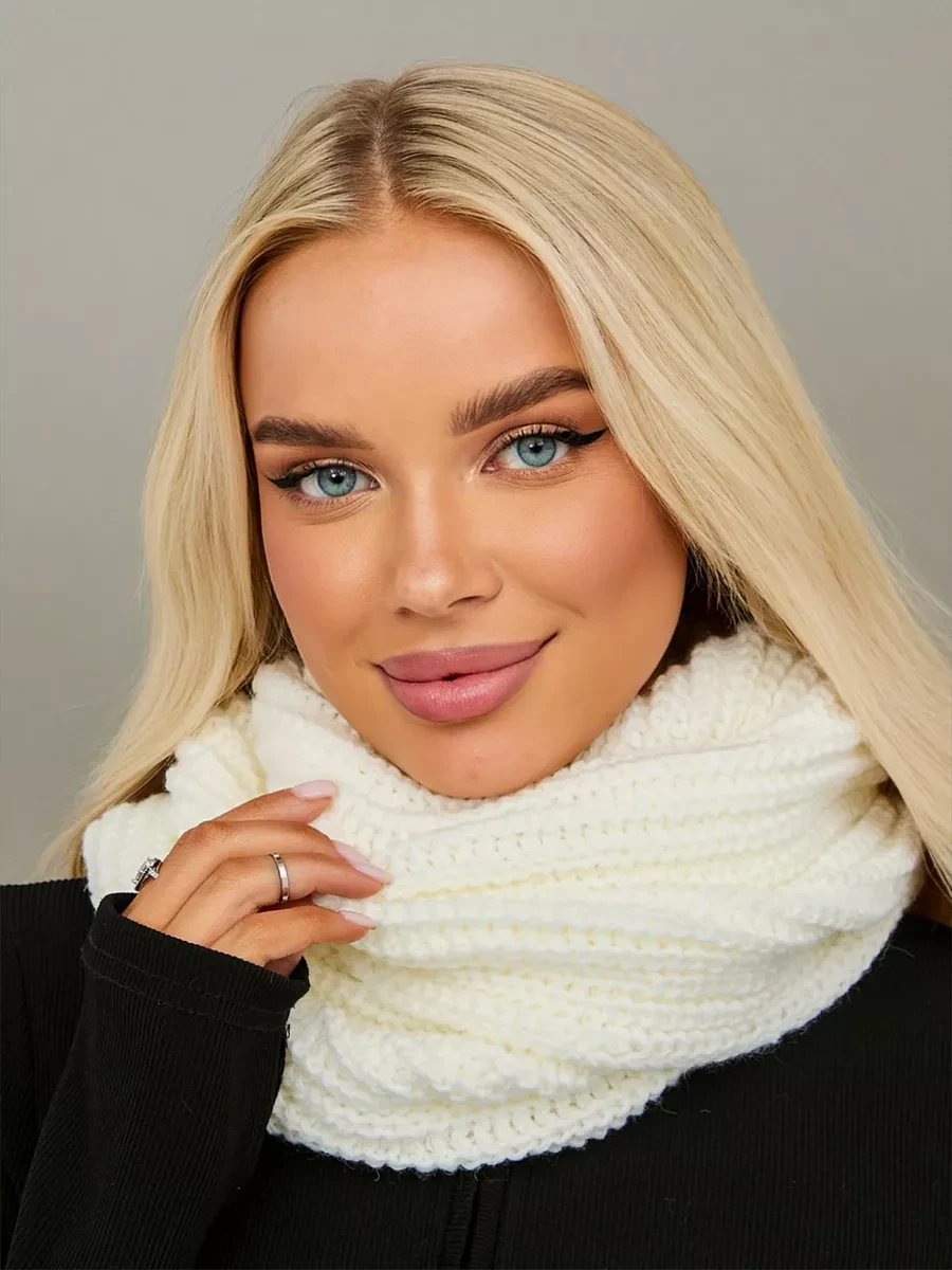 Стильний зручний теплий в'язаний зимовий хомут, білий, фото 1