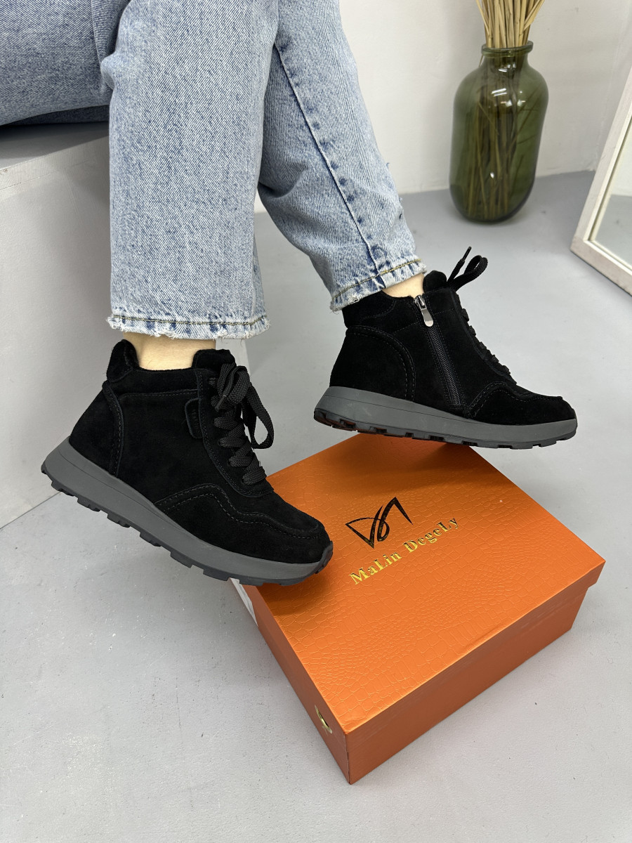 Кросівки жіночі зимові MalinDegely A129-4M чорні замшеві, фото 1