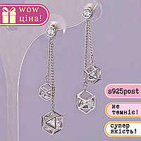 Сережки пусети з підвісками багатогранник з білим кристалом срібло 925 сріблястий метал 10х48мм купити біжутерію дешево оптом в