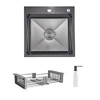Комплект Lidz Handmade H5050HB Мийка для кухні інтегрована Decor Black PVD Honeycomb у комплекті з дозатором+ Lidz K01G