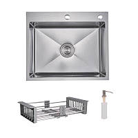 Комплект Lidz Handmade H6050H Мийка для кухні інтегрована Decor Honeycomb у комплекті з дозатором + Lidz K01G Кошик для