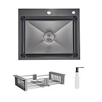 Комплект Lidz Handmade H6050HB Мийка для кухні інтегрована Decor Black PVD Honeycomb у комплекті з дозатором+ Lidz K01G